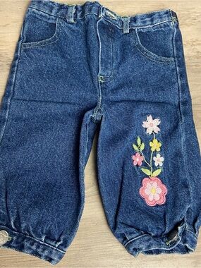 Girls‎ Dark Blue Denim Floral Embroidered Pants, 3-6 Months 100% Cotton